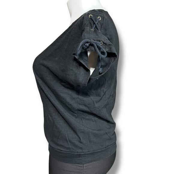 Covington Womens T Shirt Top Short Dolman Sleeve Laceup Detail Black Large - Picture 5 of 9